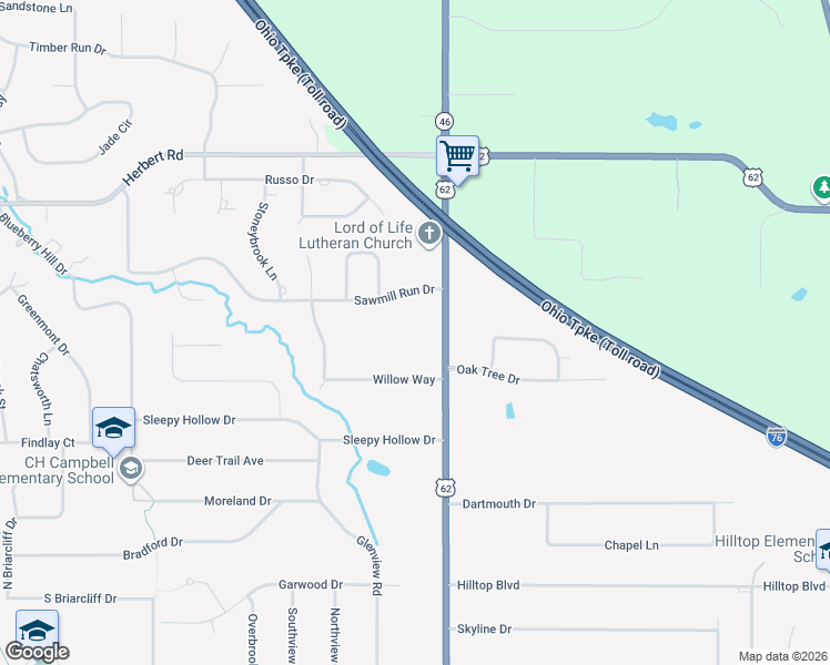 map of restaurants, bars, coffee shops, grocery stores, and more near 490 North Broad Street in Canfield