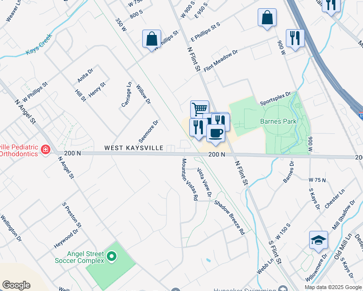 map of restaurants, bars, coffee shops, grocery stores, and more near 1494 West Lincoln Way in Kaysville