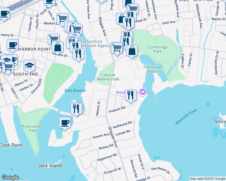 map of restaurants, bars, coffee shops, grocery stores, and more near 7 Rippowam Road in Stamford