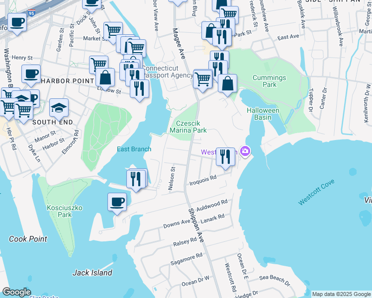 map of restaurants, bars, coffee shops, grocery stores, and more near 7 Rippowam Road in Stamford