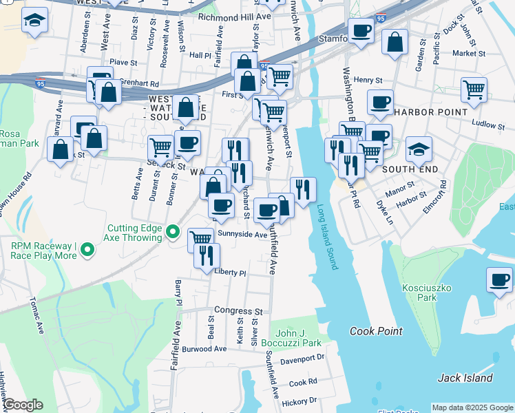 map of restaurants, bars, coffee shops, grocery stores, and more near 45 Southfield Avenue in Stamford