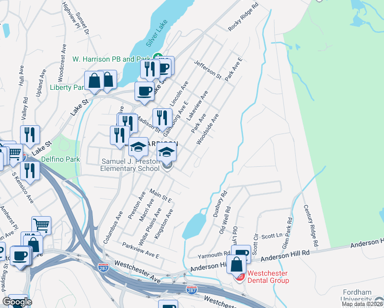 map of restaurants, bars, coffee shops, grocery stores, and more near 18 Woodside Avenue in Harrison