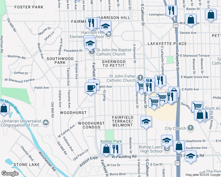 map of restaurants, bars, coffee shops, grocery stores, and more near 4917 Hoagland Avenue in Fort Wayne