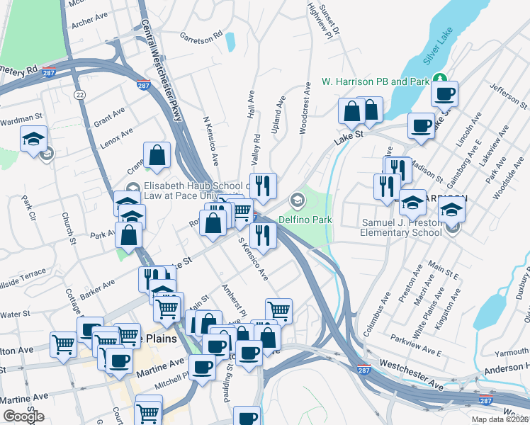 map of restaurants, bars, coffee shops, grocery stores, and more near 62 Lake Street in White Plains