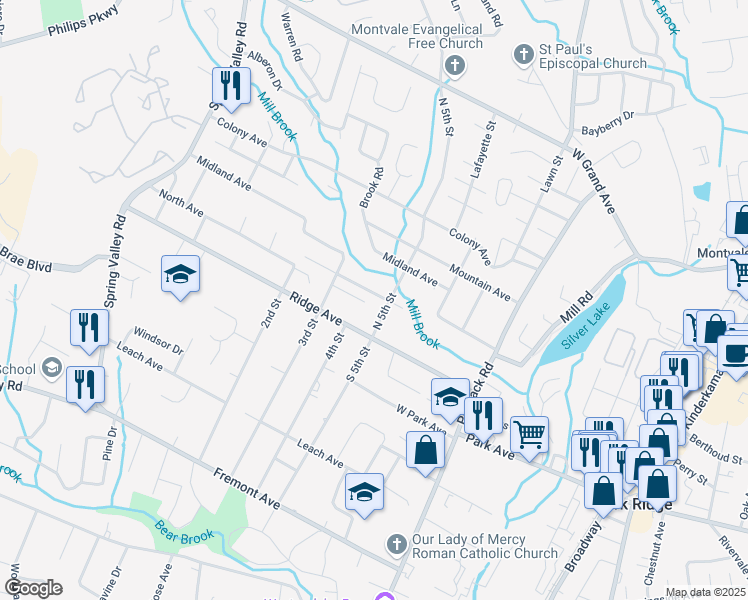 map of restaurants, bars, coffee shops, grocery stores, and more near 65 Louville Avenue in Park Ridge