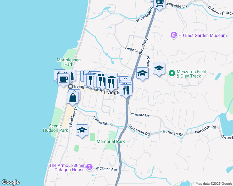 map of restaurants, bars, coffee shops, grocery stores, and more near Main Street & Aqueduct Lane in Irvington