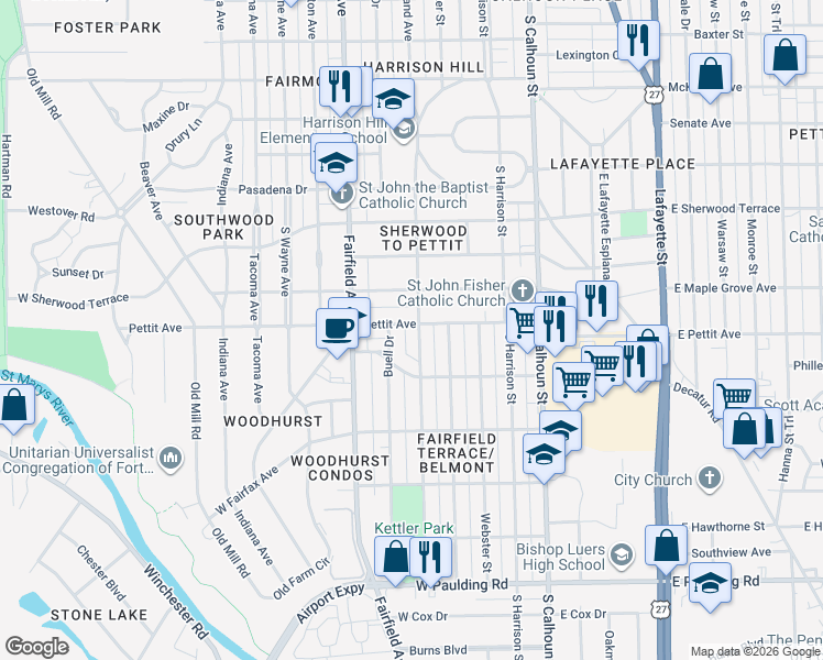 map of restaurants, bars, coffee shops, grocery stores, and more near 4917 Hoagland Avenue in Fort Wayne