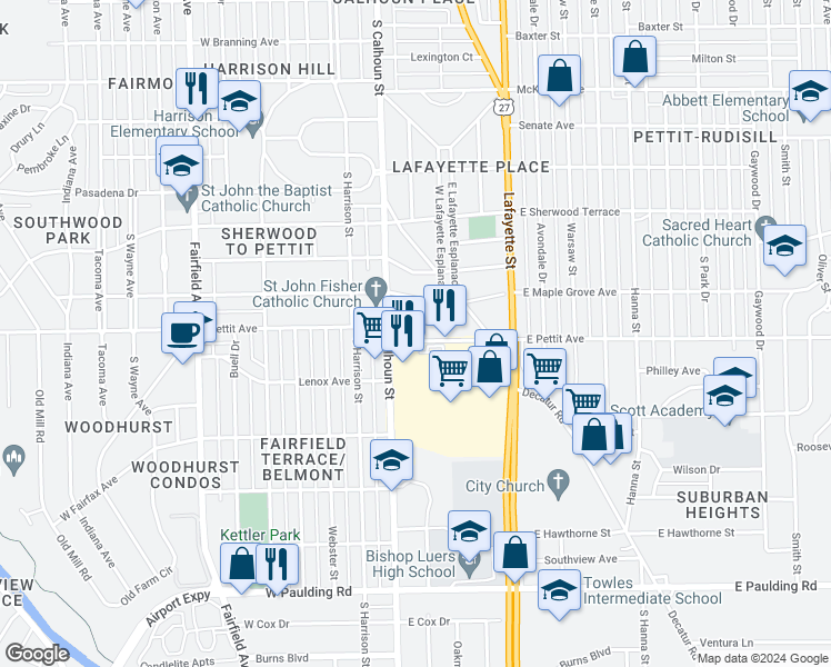 map of restaurants, bars, coffee shops, grocery stores, and more near 4835 Montrose Avenue in Fort Wayne