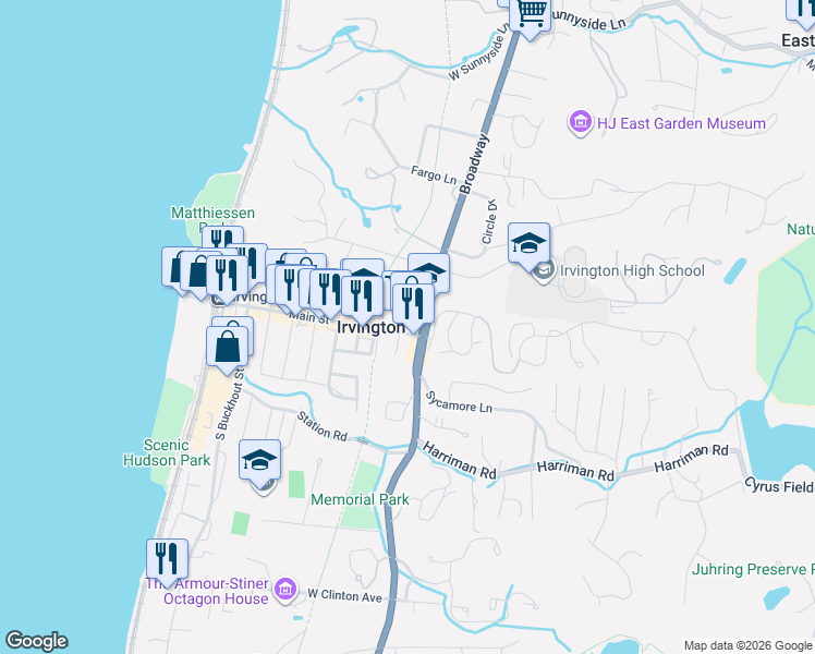 map of restaurants, bars, coffee shops, grocery stores, and more near 9 South Dearman Street in Irvington