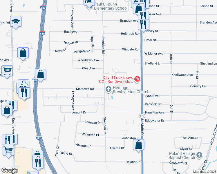 map of restaurants, bars, coffee shops, grocery stores, and more near 1951 Mathews Road in Youngstown