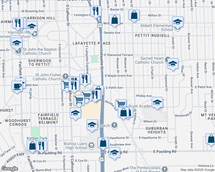 map of restaurants, bars, coffee shops, grocery stores, and more near 4910 Avondale Drive in Fort Wayne