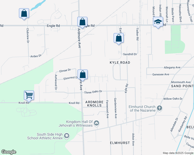 map of restaurants, bars, coffee shops, grocery stores, and more near 4910 Meadow Ln in Fort Wayne