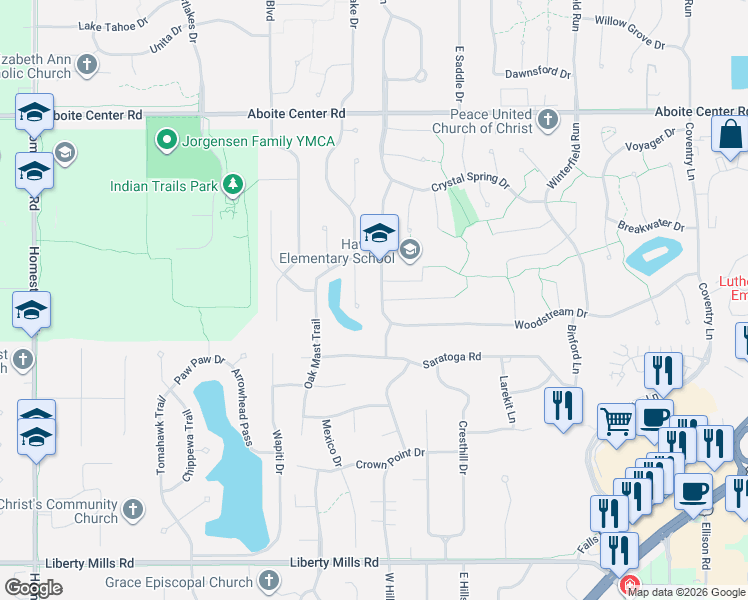 map of restaurants, bars, coffee shops, grocery stores, and more near 4906 Aboite Lake Drive in Fort Wayne