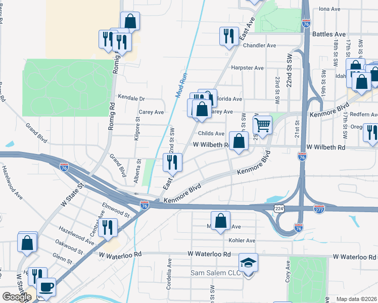 map of restaurants, bars, coffee shops, grocery stores, and more near 2350 29th Street Southwest in Akron