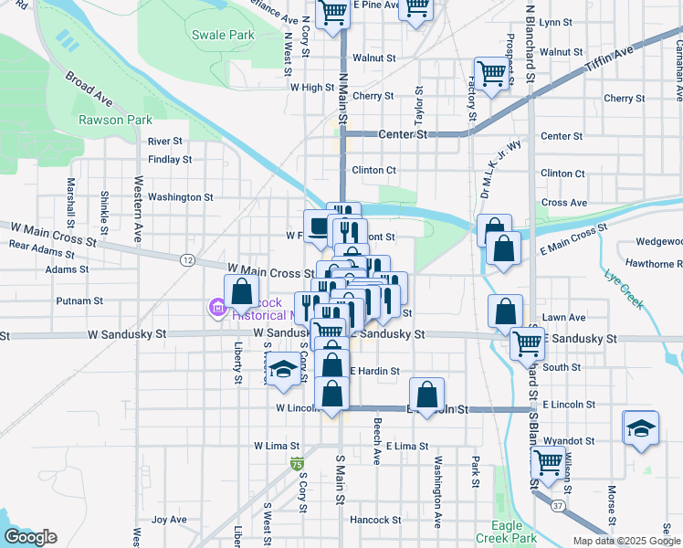 map of restaurants, bars, coffee shops, grocery stores, and more near in Findlay