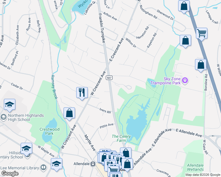 map of restaurants, bars, coffee shops, grocery stores, and more near 5 Nadler Court in Allendale