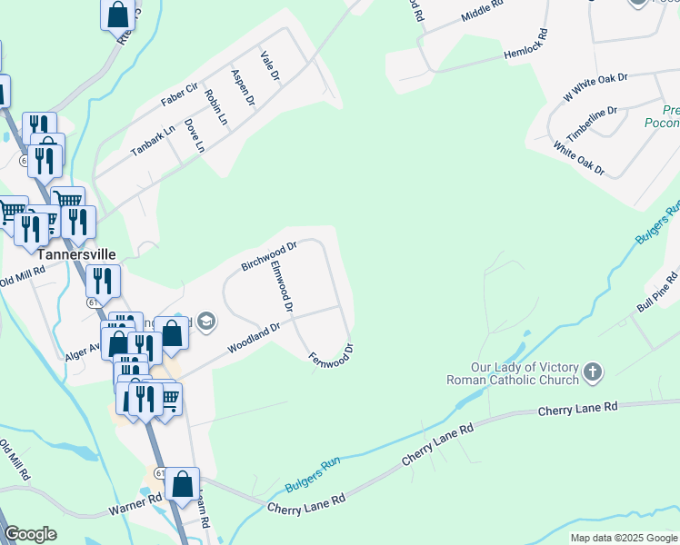 map of restaurants, bars, coffee shops, grocery stores, and more near 5307 Birchwood Drive in Tannersville