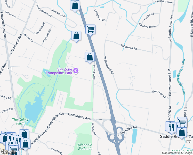 map of restaurants, bars, coffee shops, grocery stores, and more near 14 Packer Place in Saddle River