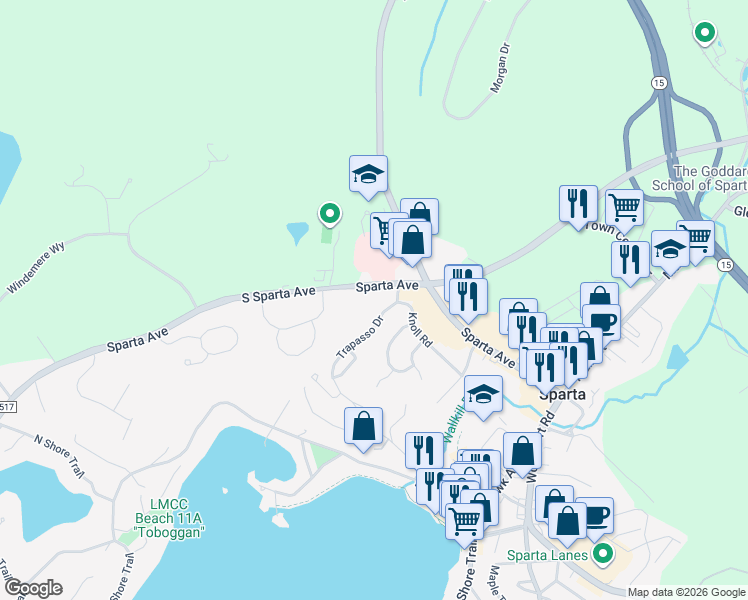 map of restaurants, bars, coffee shops, grocery stores, and more near 8 Knoll Road in Sparta