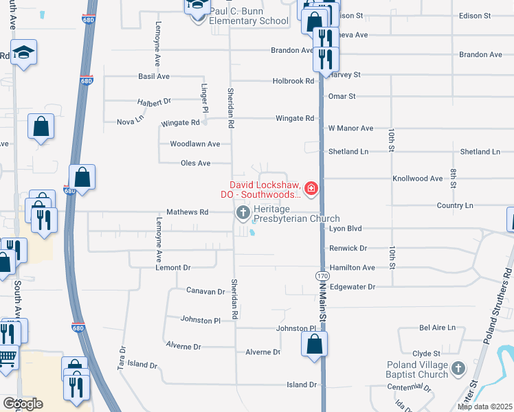 map of restaurants, bars, coffee shops, grocery stores, and more near 1986 Mathews Road in Youngstown