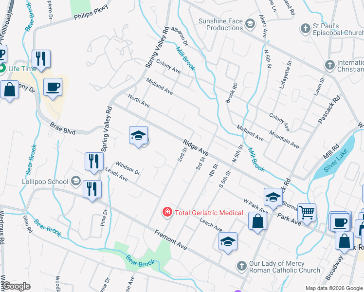map of restaurants, bars, coffee shops, grocery stores, and more near 12 2nd Street in Park Ridge