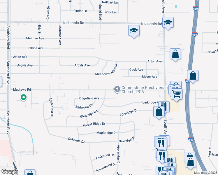 map of restaurants, bars, coffee shops, grocery stores, and more near 440 Mathews Road in Youngstown