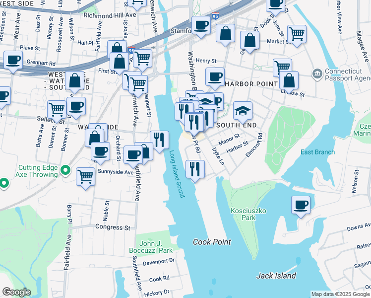 map of restaurants, bars, coffee shops, grocery stores, and more near 853-1055 Pacific St in Stamford