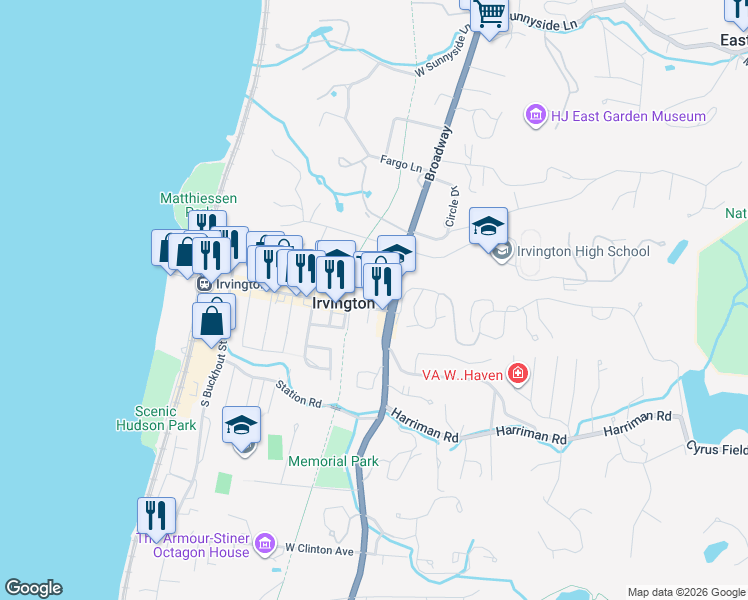 map of restaurants, bars, coffee shops, grocery stores, and more near 9 South Dearman Street in Irvington