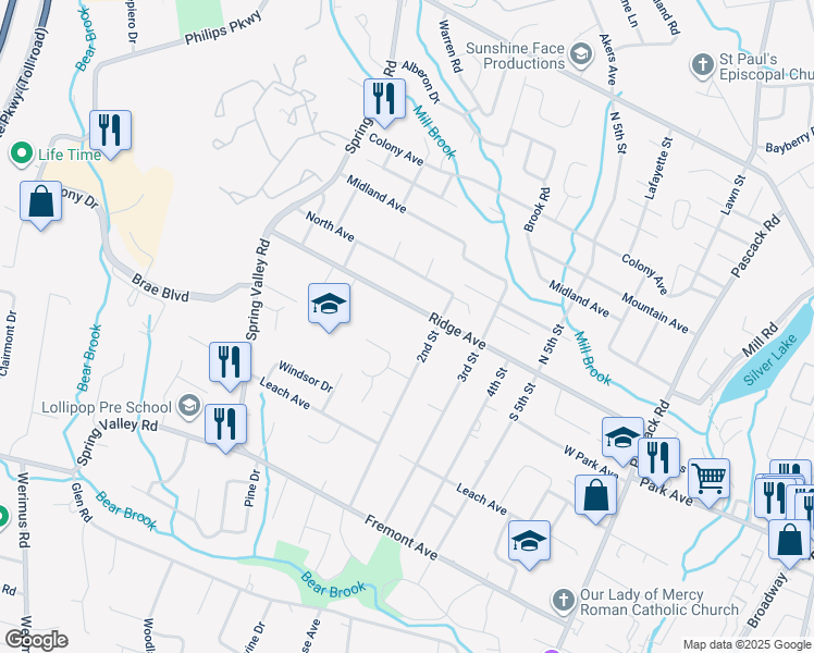 map of restaurants, bars, coffee shops, grocery stores, and more near 12 2nd Street in Park Ridge