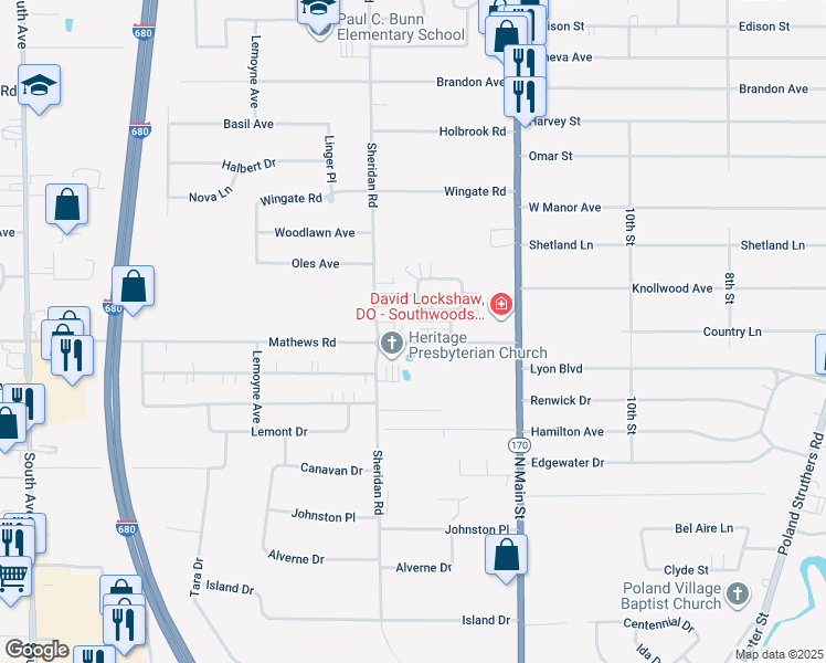 map of restaurants, bars, coffee shops, grocery stores, and more near 1951 Mathews Road in Youngstown