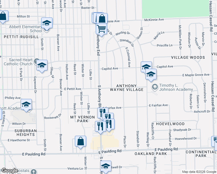 map of restaurants, bars, coffee shops, grocery stores, and more near 1910 East Pettit Avenue in Fort Wayne