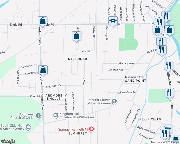 map of restaurants, bars, coffee shops, grocery stores, and more near 4808 Tyrone Road in Fort Wayne