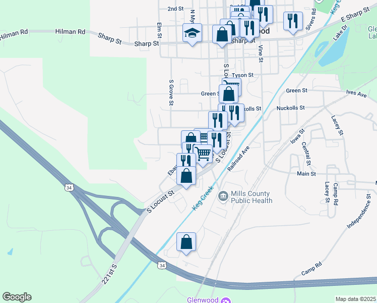 map of restaurants, bars, coffee shops, grocery stores, and more near 920 South Locust Street in Glenwood