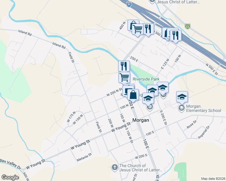 map of restaurants, bars, coffee shops, grocery stores, and more near 181 North 100 West Street in Morgan