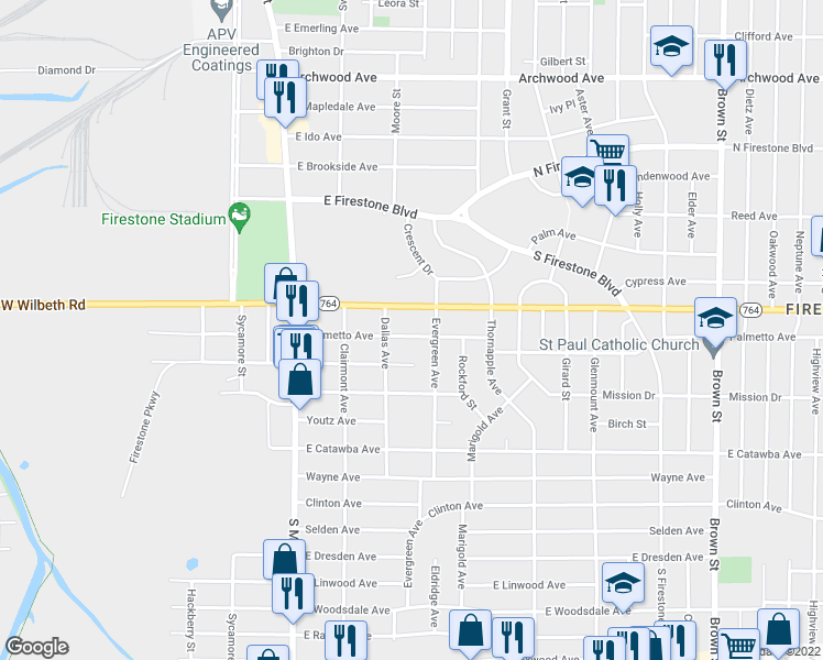 map of restaurants, bars, coffee shops, grocery stores, and more near 121 Palmetto Avenue in Akron