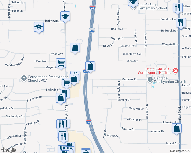 map of restaurants, bars, coffee shops, grocery stores, and more near 1322 Mathews Road in Youngstown