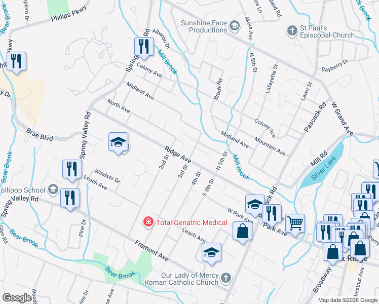 map of restaurants, bars, coffee shops, grocery stores, and more near 5 North 3rd Street in Park Ridge