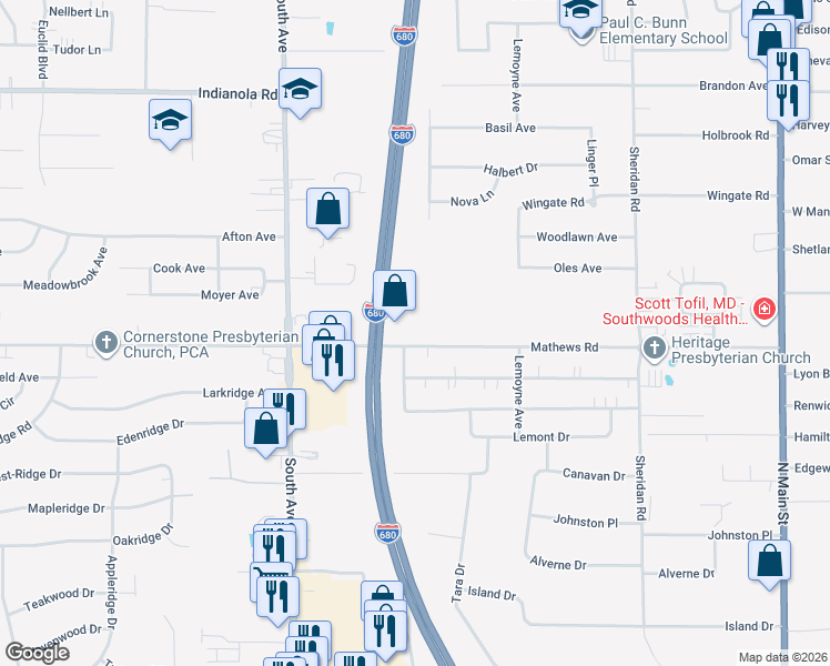 map of restaurants, bars, coffee shops, grocery stores, and more near 1322 Mathews Road in Youngstown