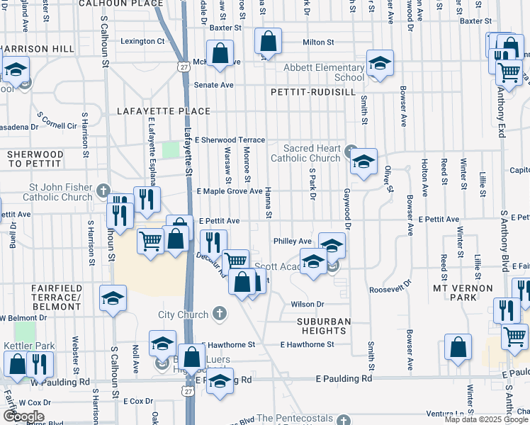 map of restaurants, bars, coffee shops, grocery stores, and more near 4832 South Hanna Street in Fort Wayne