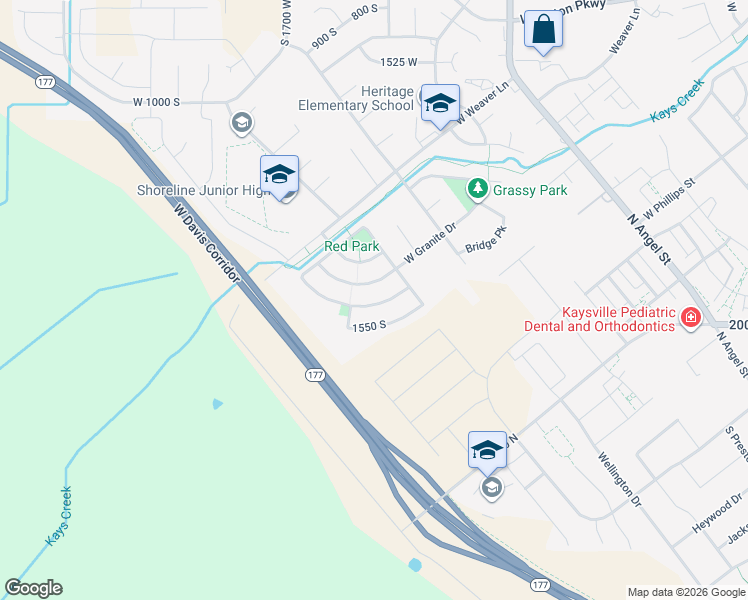 map of restaurants, bars, coffee shops, grocery stores, and more near 1532 West Granite Drive in Layton
