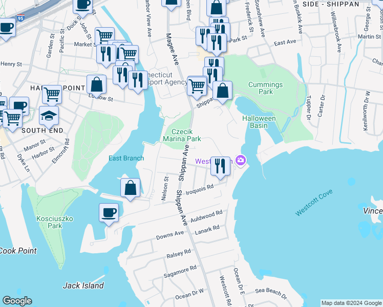 map of restaurants, bars, coffee shops, grocery stores, and more near 892 Shippan Avenue in Stamford