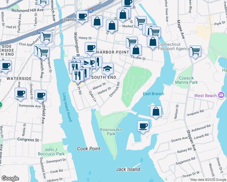 map of restaurants, bars, coffee shops, grocery stores, and more near 38 Belden Street in Stamford