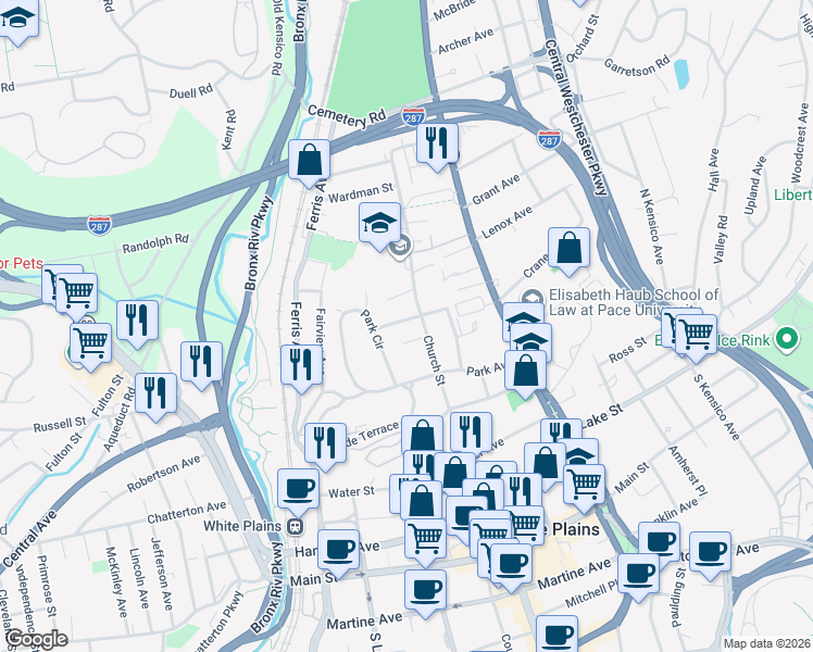 map of restaurants, bars, coffee shops, grocery stores, and more near 7 David Terrace in White Plains