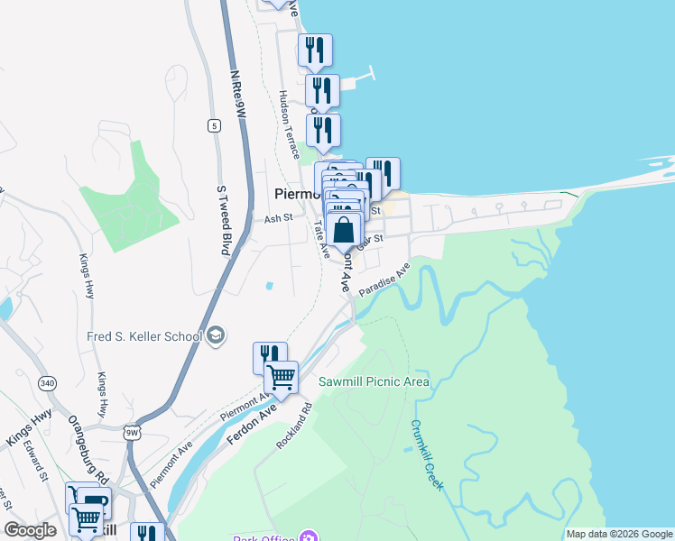 map of restaurants, bars, coffee shops, grocery stores, and more near 32 Tate Avenue in Piermont