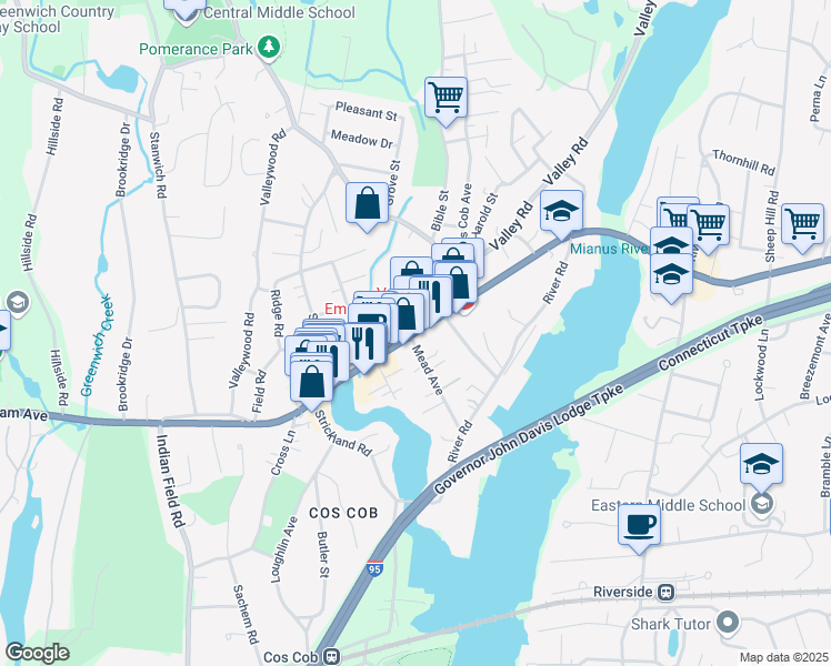 map of restaurants, bars, coffee shops, grocery stores, and more near 300 East Putnam Avenue in Greenwich
