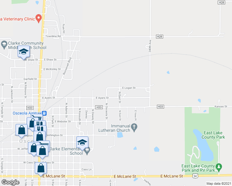 map of restaurants, bars, coffee shops, grocery stores, and more near 631 East Ayers Street in Osceola