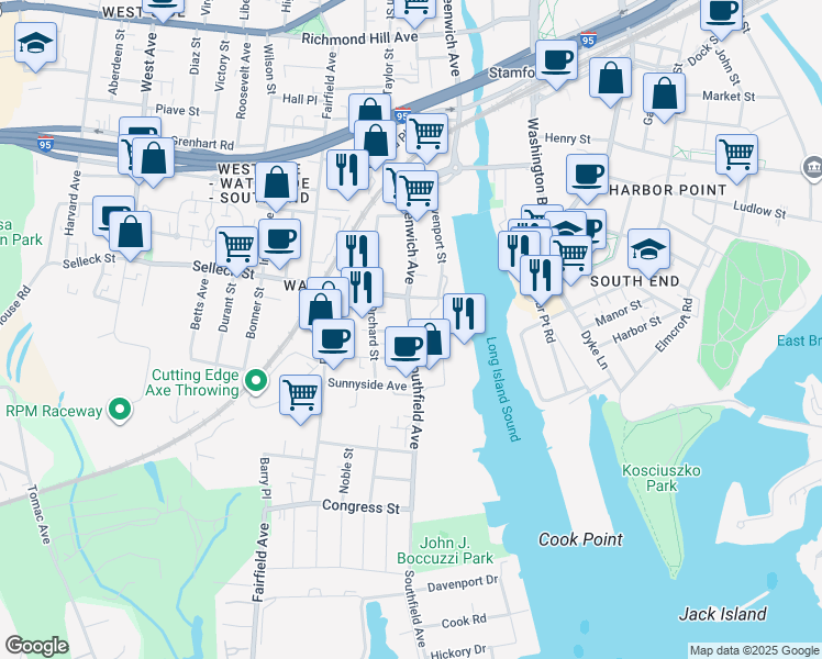 map of restaurants, bars, coffee shops, grocery stores, and more near 21 Southfield Avenue in Stamford