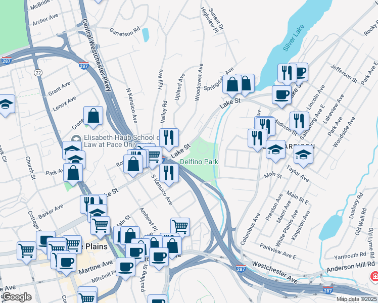 map of restaurants, bars, coffee shops, grocery stores, and more near 106 Lake Street in White Plains