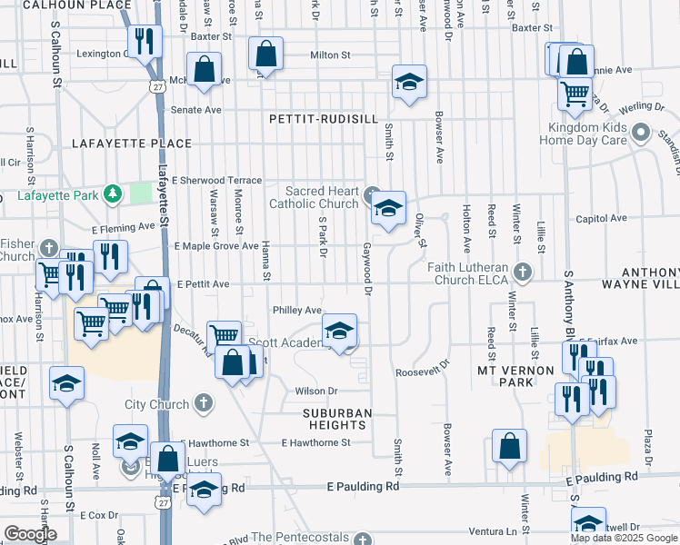 map of restaurants, bars, coffee shops, grocery stores, and more near 4824 Spatz Avenue in Fort Wayne