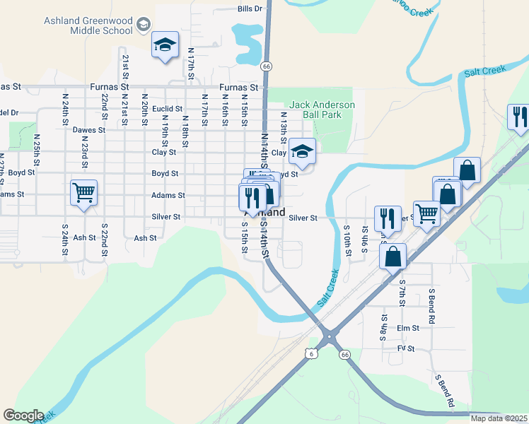 map of restaurants, bars, coffee shops, grocery stores, and more near in Ashland